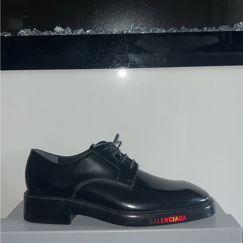 Balenciaga Black Leather Oxfords with Red Accent